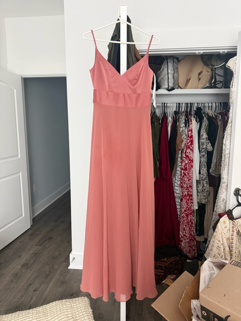 David's Bridal Coral-Pink Spaghetti Strap Maxi Gown